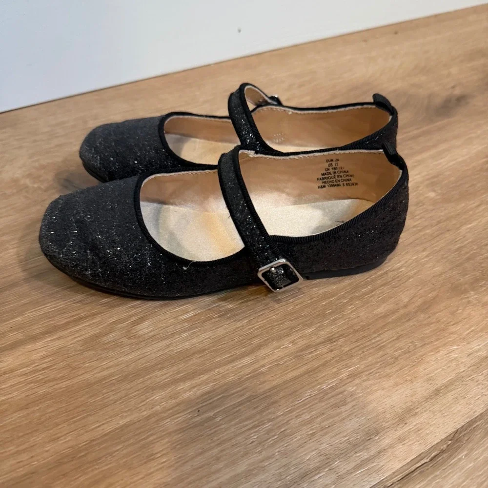 H&M Mary Jane Shoes Kids Size 12 Black Glitter Sparkle Dressy Party Ballet Flat